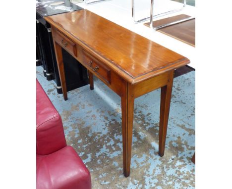 CONSOLE TABLE, by Winsor, Georgian style, banded moulded edge top above two drawers with swan neck handles on square tapering