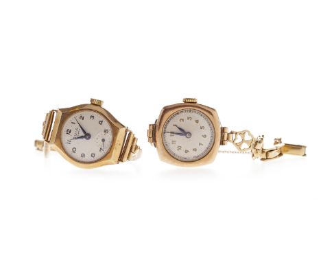 TWO LADY'S NINE CARAT GOLD MANUAL WIND WRIST WATCHEScomprising one early twentieth century example, round dial with applied g