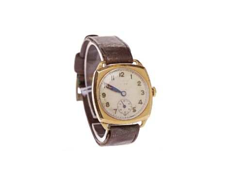 GENTLEMAN'S NINE CARAT GOLD MANUAL WIND WRIST WATCHunsigned 15 jewel movement, the round dial with Arabic numerals, subsidiar