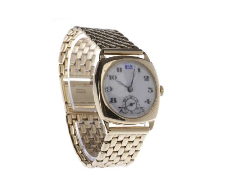 GENTLEMAN'S NINE CARAT GOLD MANUAL WIND WRIST WATCH1940s, the round white enamel dial with Arabic numerals in black, subsidia