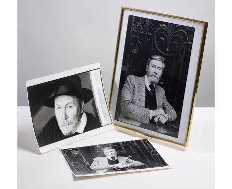 ⊕ 1979, black and white portrait of John Osborne seated before iron gates; 37 x 24cm (framed); together with an unframed prin