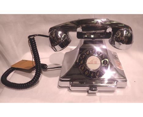 Silver, GPO Carrington, push button telephone in 1920s styling with pull-out pad tray; compatible with modern telephone banki