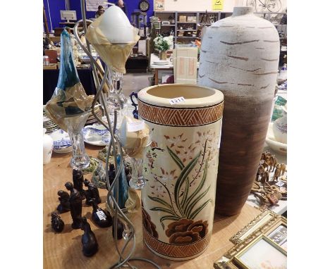 Large painted floor umbrella stand with a large floor vase and a four light candletree, largest H: 72 cm. Not available for i