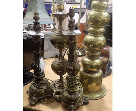 Four brass table lamps tallest H: 100cm. Not available for in-house P&P, contact Paul O'Hea at Mailboxes on 01925 659133Condi