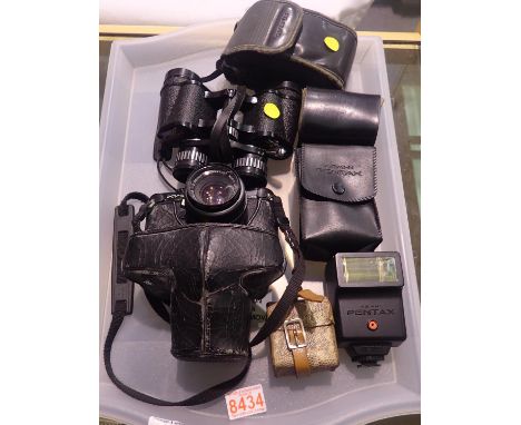 Collection of camera accessories, binoculars etc. to include a Pentax MV1 camera. Not available for in-house P&amp;P, contact
