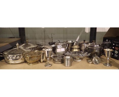 Shelf of mixed metalware to include plated items. Not available for in-house P&amp;P, contact Paul O'Hea at Mailboxes on 0192