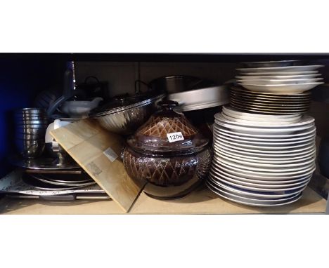 Shelf of mixed kitchen items to include pans, plates etc. Not available for in-house P&amp;P, contact Paul O'Hea at Mailboxes