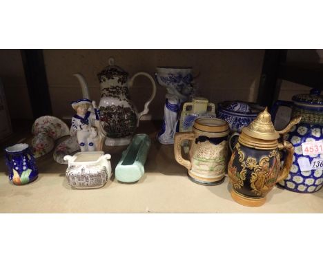 Shelf of mixed ceramics including Wall Pockets. Not available for in-house P&amp;P, contact Paul O'Hea at Mailboxes on 01925 