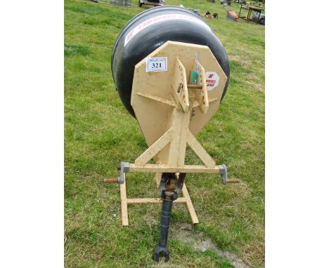 Tractor mounted Lawrence Edwards cement mixer with three point linkage, PTO shaft and hydraulic top link tipping attachment.