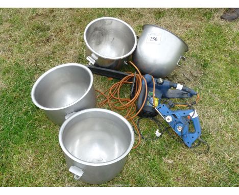 Four stainless steel mixer bowls 14" x 11 1/2" high, an electric planer and "Extreme" chainsaw.