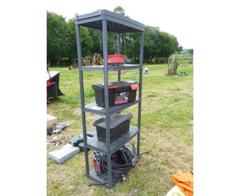 Plastic shelf unit, plastic wheelbarrow wheel and toolboxes (all plastic) and MacAllister pressure washer fittings.