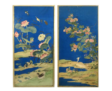 A PAIR OF CHINESE SCROLL PAINTINGS 20TH CENTURY Depicting aquatic birds amidst lotus and peony, one framed and glazed, the ot