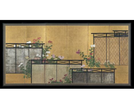 A JAPANESE SIX-FOLD PAPER SCREEN 19TH CENTURY Decorated in ink and colour on a gold ground with kiku (chrysanthemum) and five