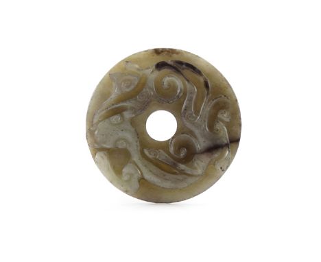 A SMALL CHINESE CELADON JADE BI DISC MING DYNASTY Carved in relief to one side with a sinuous chilong, holding a lingzhi fung