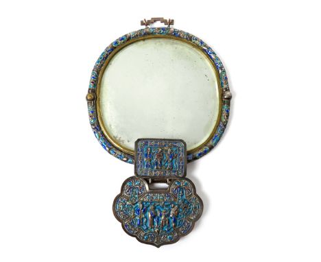 A CHINESE SILVER METAL AND ENAMEL-MOUNTED MIRROR LATE QING DYNASTY Of oval form, with a rectangular plaque to the base depict