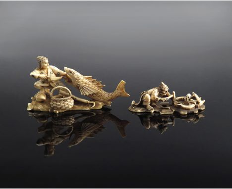 TWO JAPANESE IVORY NETSUKE MEIJI 1868-1912 The first carved as a fisherman about to kill a large fish, his jacket inlaid with