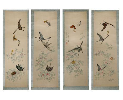 A SET OF FOUR CHINESE SCROLL PAINTINGS ON SILK 19TH CENTURY Depicting butterflies amidst flowers, one with an inscription and