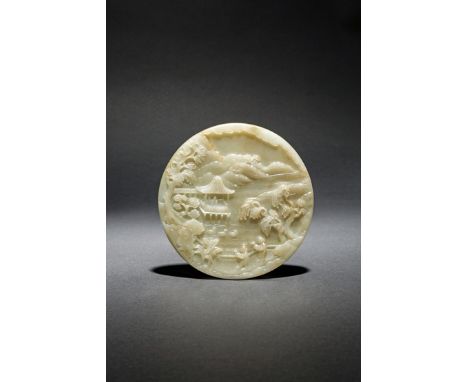 A CHINESE PALE CELADON JADE CIRCULAR PLAQUE 20TH CENTURY One side carved in high relief with two figures carrying ducks at th