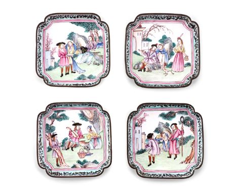 A SET OF FOUR CHINESE CANTON ENAMEL SQUARE-SECTION DISHES 18TH CENTURY Each with chamfered corners, painted to the well with 