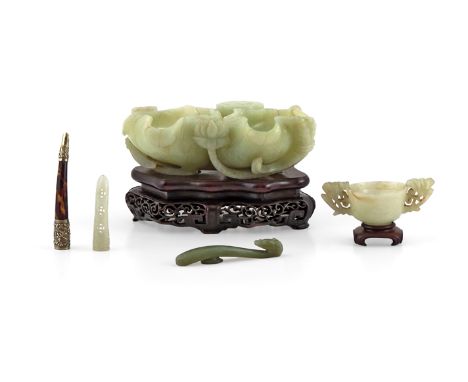 A LARGE CHINESE PALE CELADON JADE BRUSH WASHER C.1900 Carved as two large curling lotus leaves, with leafy tendrils and seed 