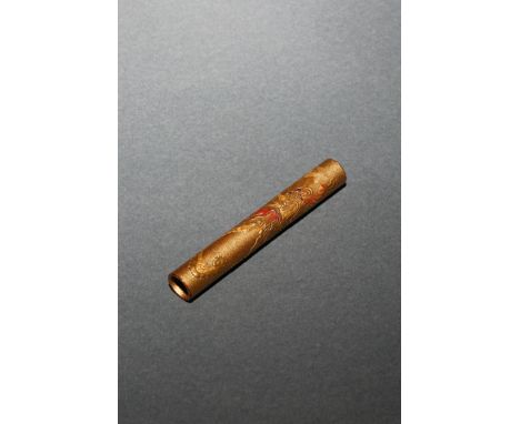 A JAPANESE GOLD LACQUER CYLINDRICAL NETSUKE MEIJI 1868-1912 Decorated in shallow relief with a dragon to one side, a flowerhe