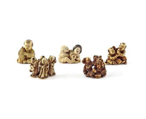 FIVE JAPANESE IVORY NETSUKE MEIJI 1868-1912 Two carved as boys playing musical instruments, one signed Sadatsugu, the other u