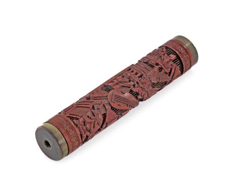 A CHINESE BAMBOO INCENSE STICK HOLDER, QIANLONG/JIAQING The cylindrical body carved in relief with many vases, incense burner