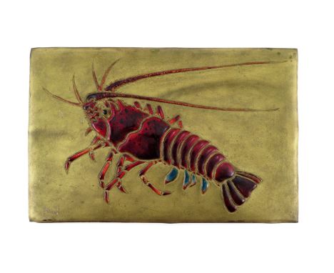 A JAPANESE METAL AND ENAMEL PLAQUE MEIJI 1868-1912 Decorated with a large lobster in red, blue and black enamel on a gilt met