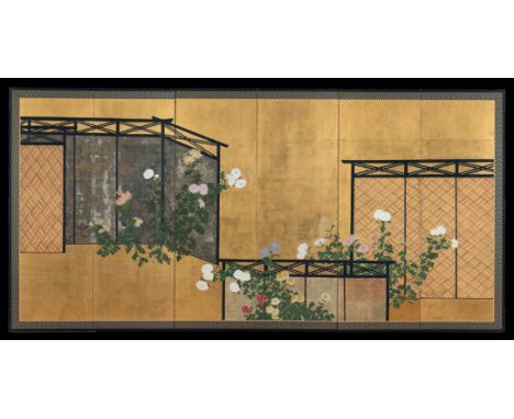 A JAPANESE SIX-FOLD PAPER SCREEN 19TH CENTURY Decorated in ink and colour on a gold ground with kiku (chrysanthemum) and four