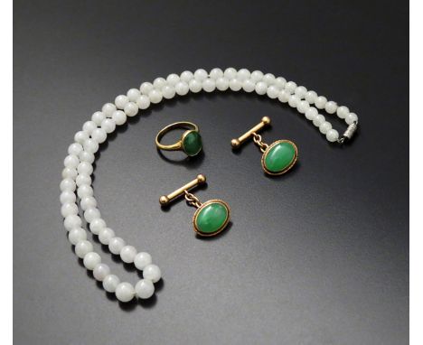 A CHINESE WHITE JADE BEAD NECKLACE 20TH CENTURY A pair of gold-mounted jade cuff links and a gold-mounted jade ring, 25cm max