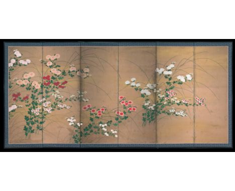 A JAPANESE SIX-FOLD PAPER SCREEN 18TH CENTURY Decorated in ink and colour on a buff and gold wash ground with kiku (chrysanth