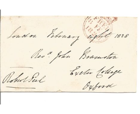 Robert Peel signed 1828 Free Front with career details and colour copy of portrait painting. Good Condition. All autographs a