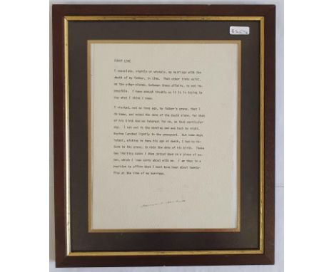 Unique signed sheet of "First Love" by Samuel Beckett. A once off typed sheet of the first page of the play "First Love" whic