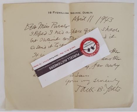 Jack B Yeats: Manuscript letter from Jack B Yeats on his personal headed note paper to Sarah Purser RHA who was an Irish arti