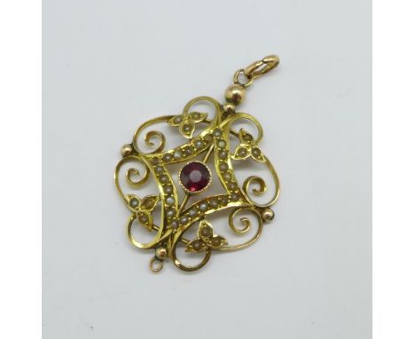 A 9ct gold, garnet and seed pearl pendant, one seed pearl missing, 2.7g 