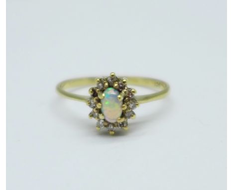 A 9ct gold, opal and diamond cluster ring, 1.3g, N/O 