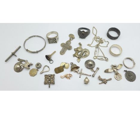 A collection of silver including rings, pendants, bangle, etc., 116g 