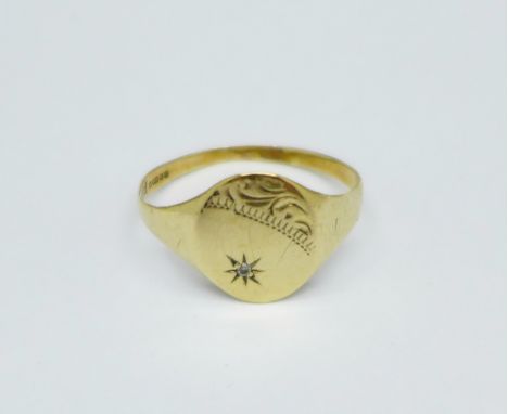 A 9ct gold and diamond set signet ring, 1.5g, V 