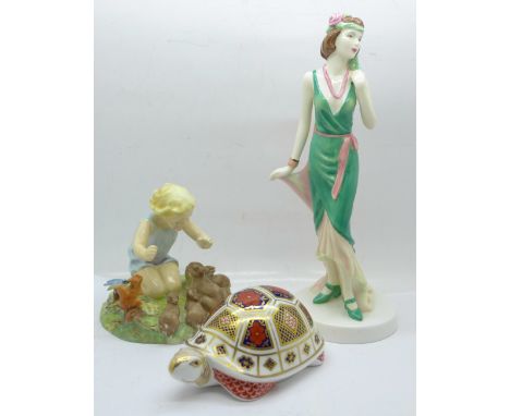 A Royal Worcester figure, Woodland Dance, a Royal Doulton Pretty Ladies figure, Julia and a Royal Crown Derby tortoise paperw