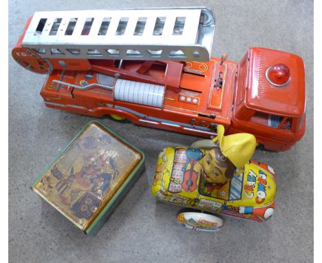 A tin-plate fire engine, car and money box 