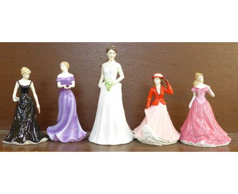 Five Royal Worcester figures, December, August, Elizabeth, Duchess of Cambridge and Pisces, boxed 