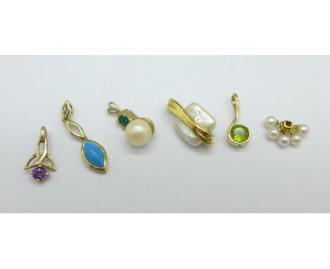 Six 9ct gold and yellow metal mounted pendants including turquoise, pearl, peridot, amethyst, etc., 7.2g 
