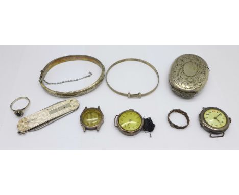 A collection of silver items including a bangle, wristwatches, pocket knife and a plated vesta 