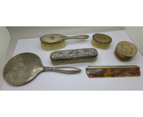 Silver brushes (two cased), comb and a hand mirror 