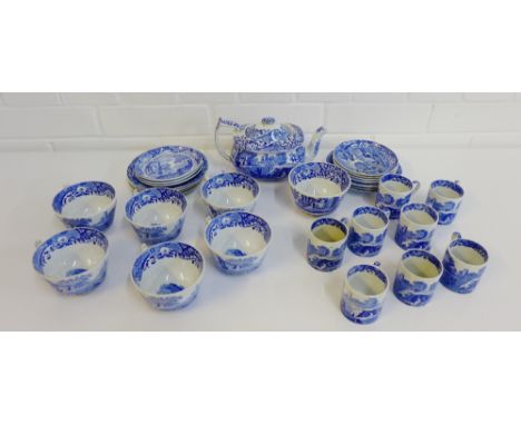 Spode's blue Italian tea wares to include a teapot, sugar bowl, eight teacups, seven saucers, eight coffee cans and eight sau