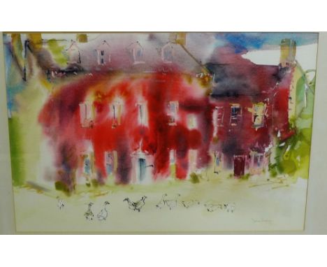 James Harrigan  'A Street Scene with Ducklings' Watercolour, signed in pencil, bottom left, in a glazed gilt wood frame, 72 x