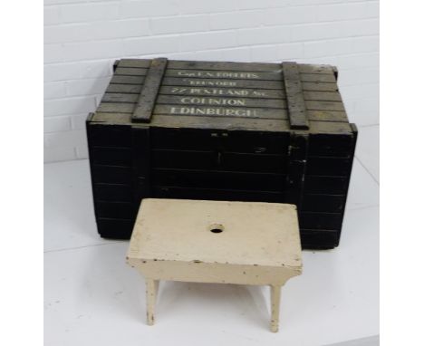 A vintage wooden storage trunk together with a white painted milking stool, 48 x 88cm, (2) 