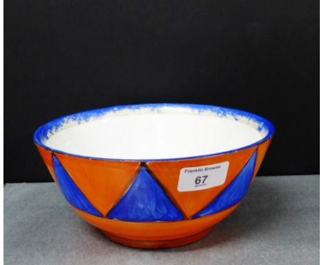 Clarice Cliff  'Bizarre' bowl with orange ground and blue hand painted triangle panelled borders, with a Burslem pottery back