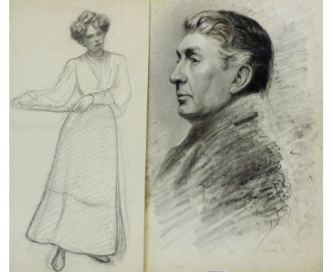 Two portrait pencil drawings, one of a 'Standing Woman', the other of a 'Profile of a Man', signed indistinctly bottom right,