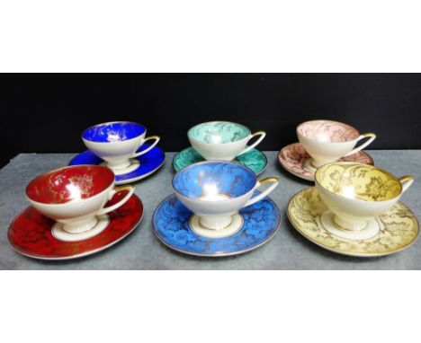 A set of six Alka Bavarian porcelain harlequin coloured coffee cups and saucers, (6) 